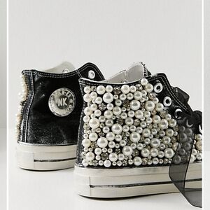 NEW Free People Nan-ku Pearl Crush Hi Top Sneakers in Pearly Black Rhinestone